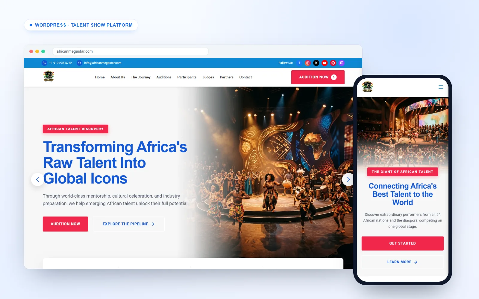 African Mega Star talent show website on desktop and mobile
