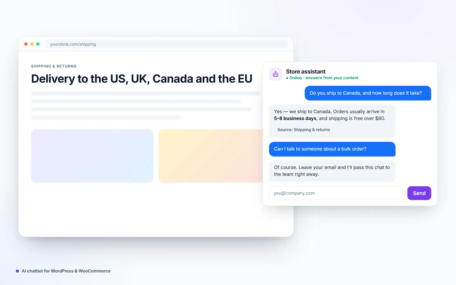 Illustration of an AI chatbot on a WooCommerce store answering a shipping question from the store's shipping policy, showing the source and offering a hand-off to the team