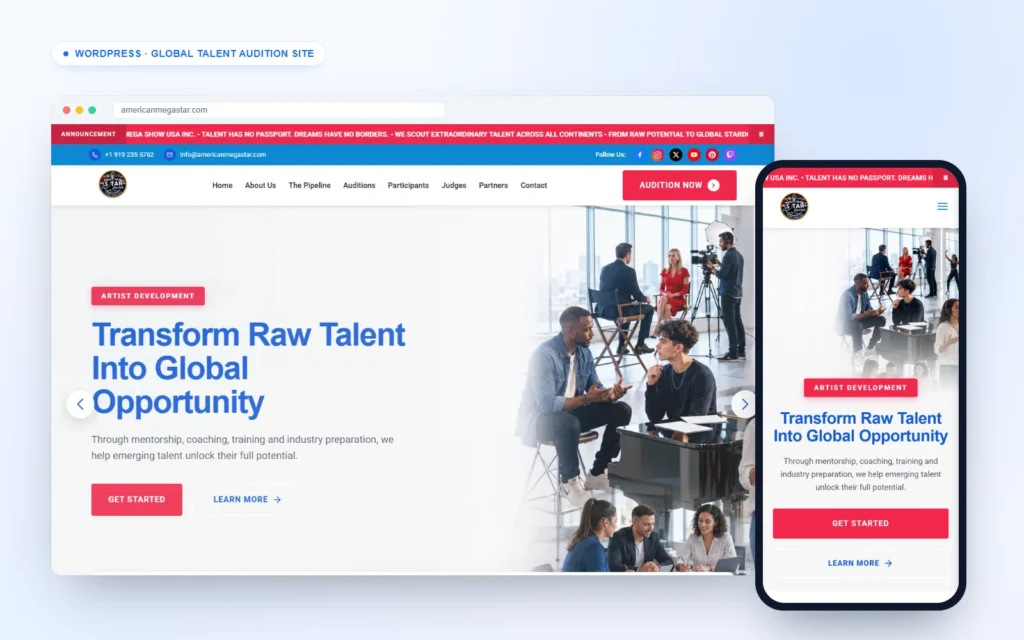 American Mega Star talent audition website on desktop and mobile