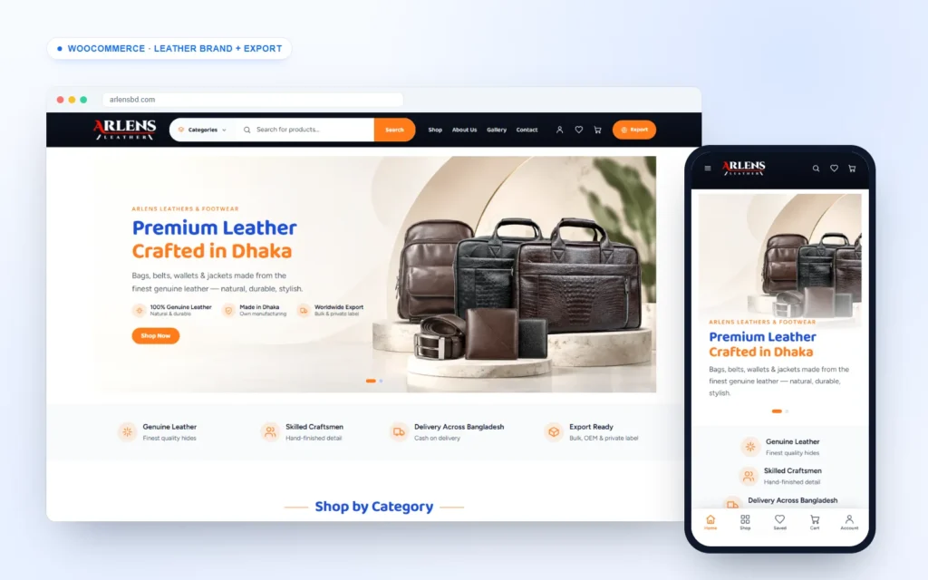 Leather brand website for Arlens Leather on desktop and mobile