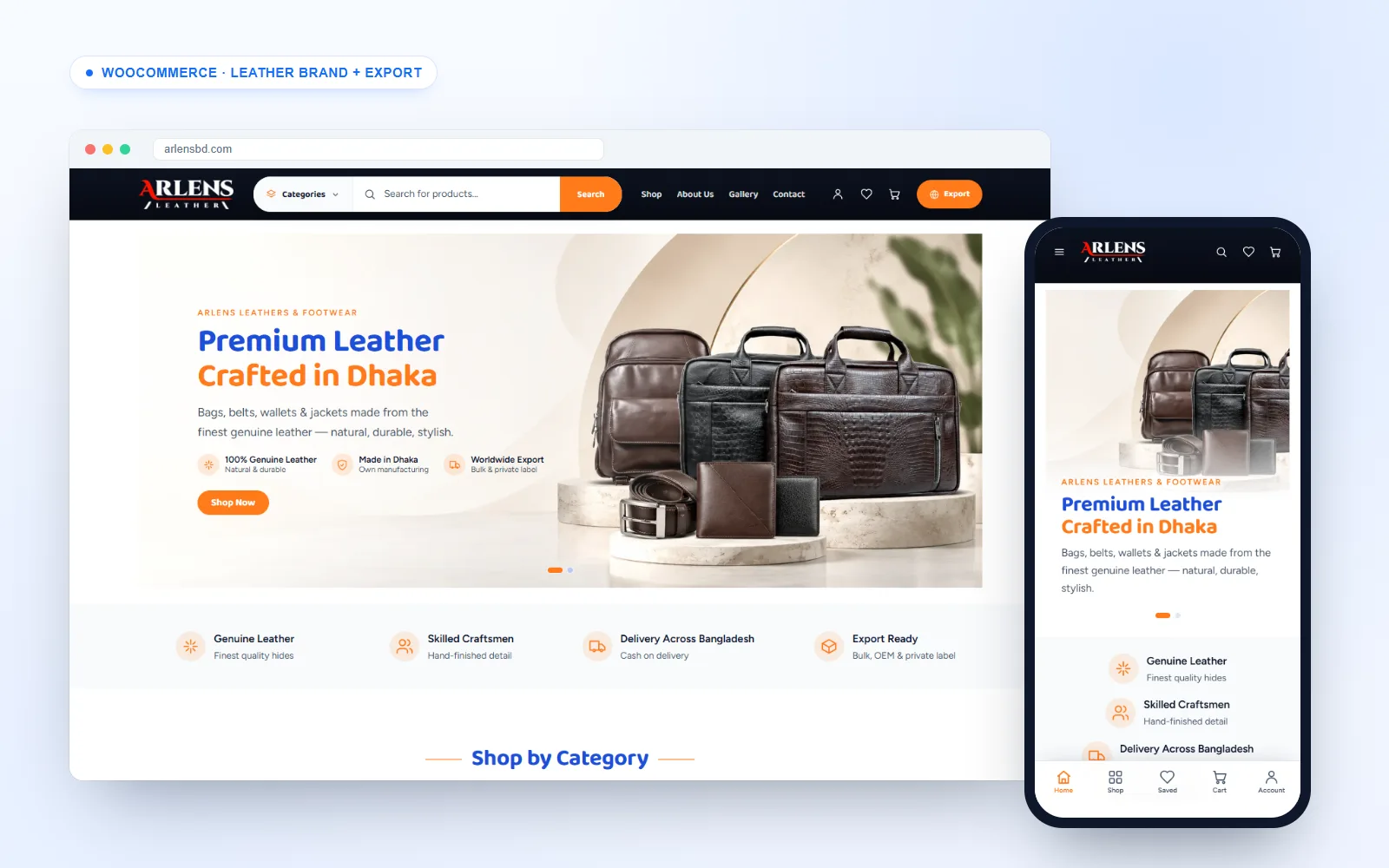 Leather brand website for Arlens Leather on desktop and mobile