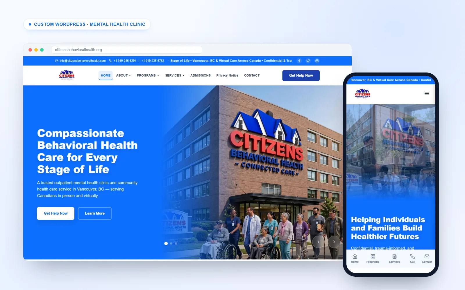 Mental health clinic website for Citizens Behavioral Health Canada on desktop and mobile