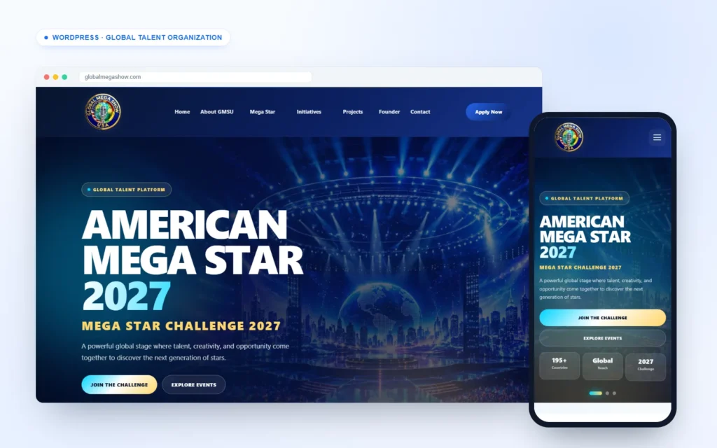 Global Mega Show USA talent competition website on desktop and mobile