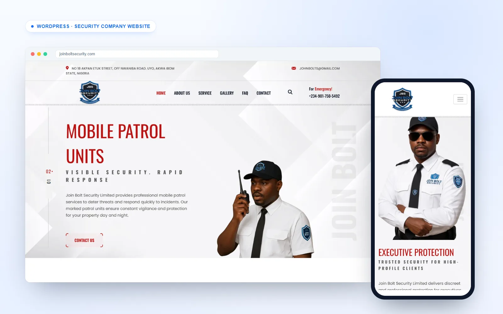 Security company website for Join Bolt Security on desktop and mobile