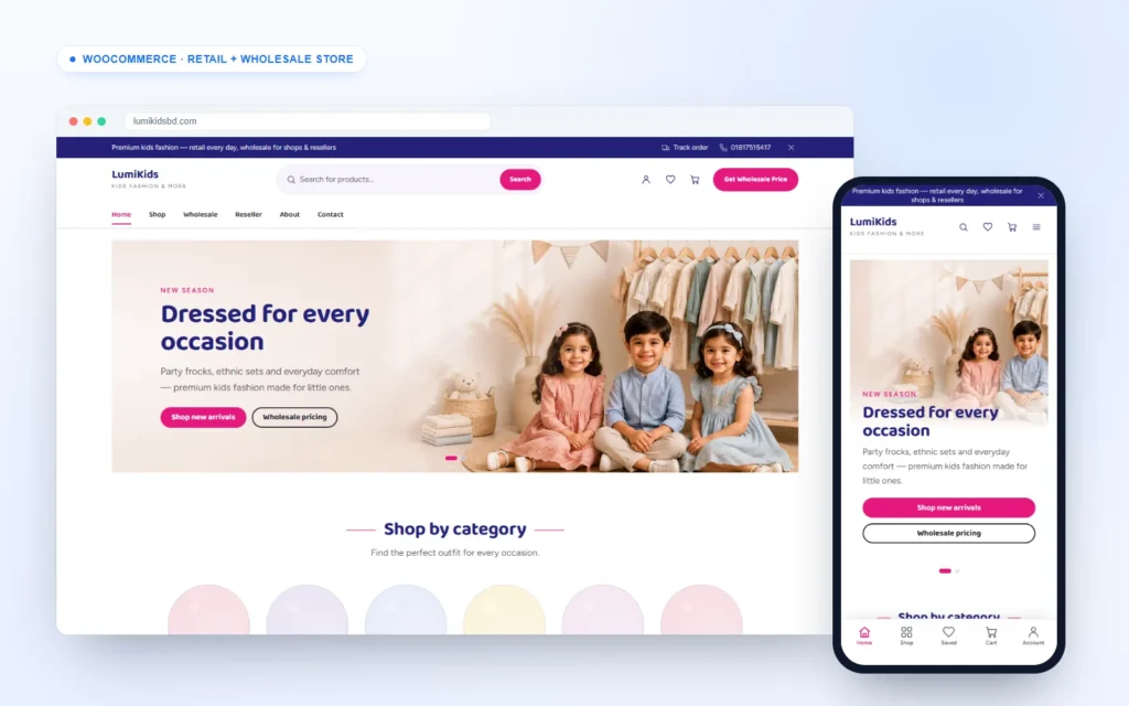 Wholesale WooCommerce store for LumiKids kids fashion on desktop and mobile