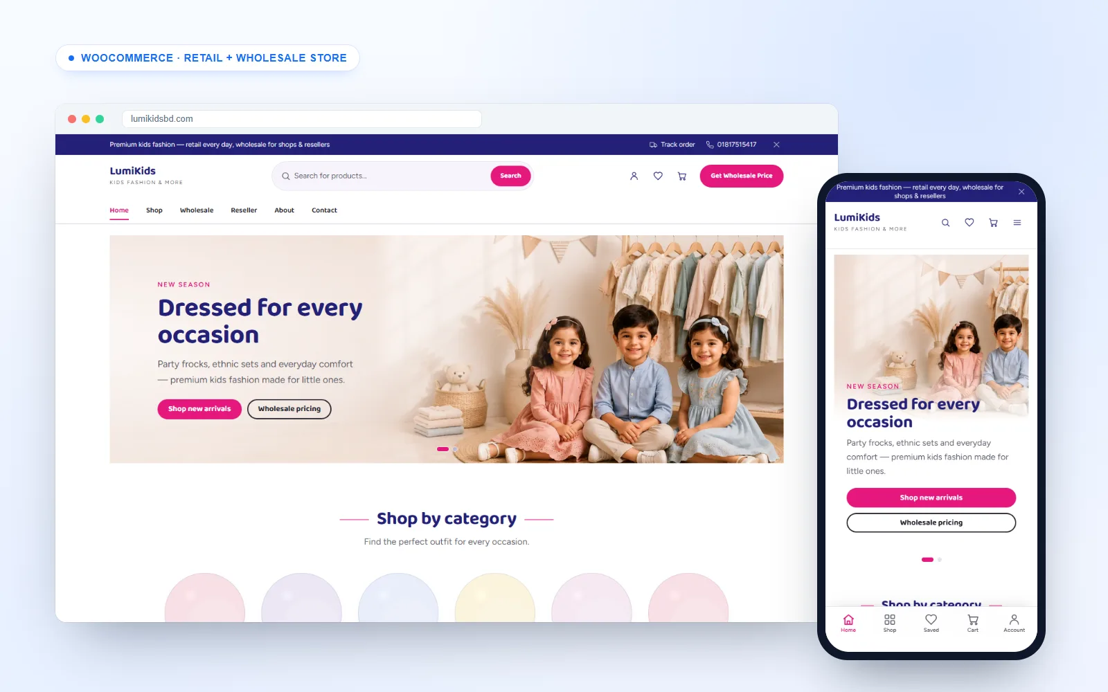 Wholesale WooCommerce store for LumiKids kids fashion on desktop and mobile