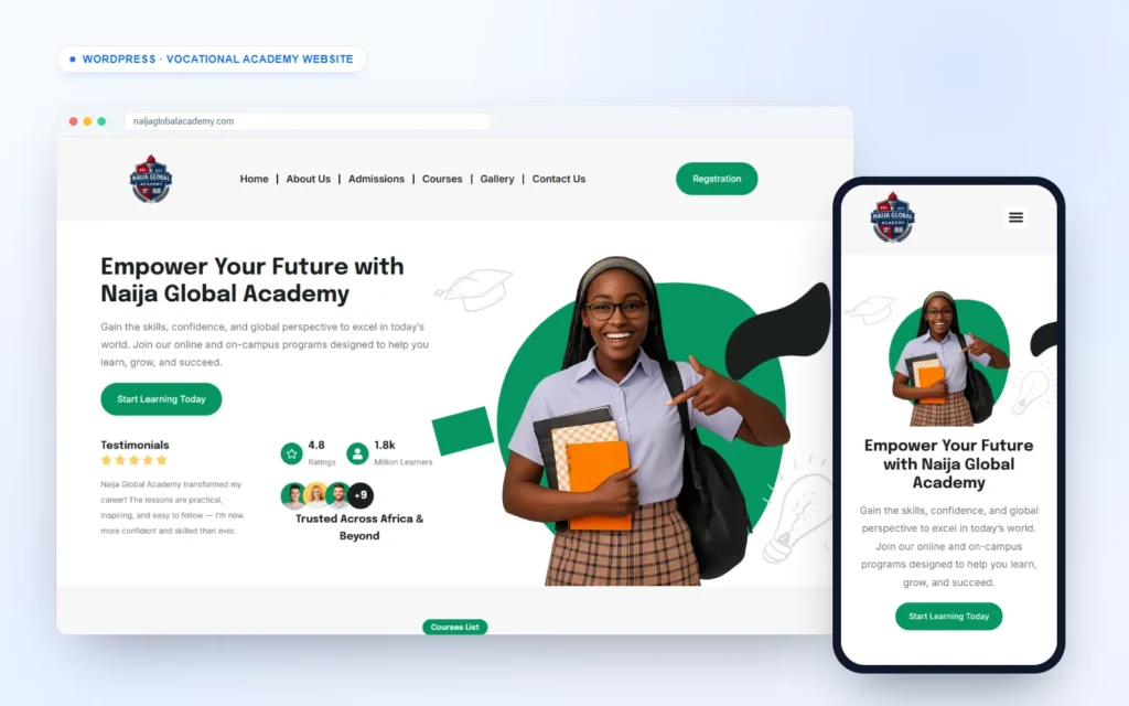 Vocational training website for Naija Global Academy on desktop and mobile