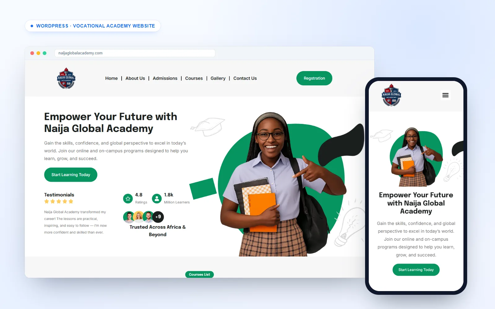 Vocational training website for Naija Global Academy on desktop and mobile