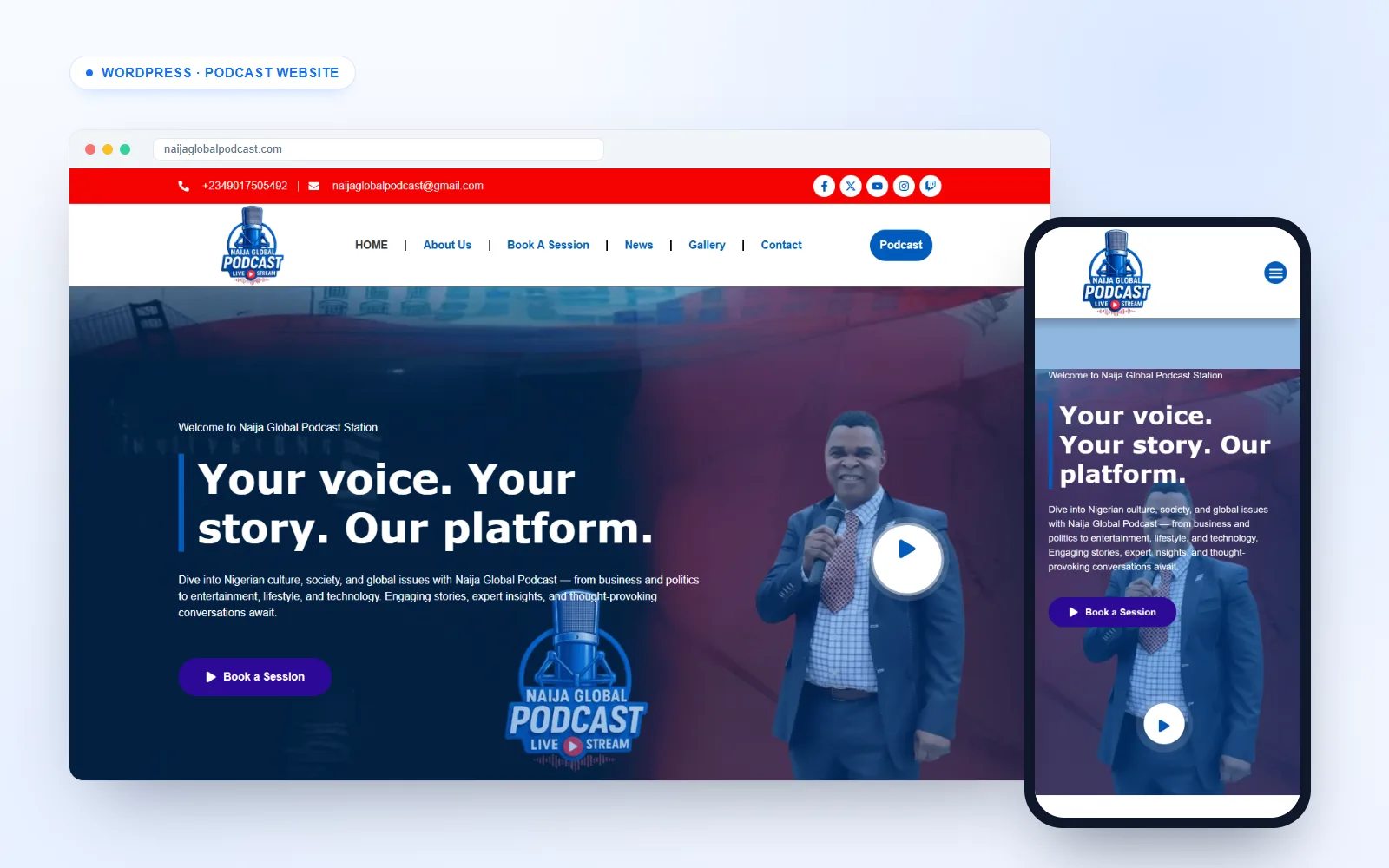 Podcast station website for Naija Global Podcast on desktop and mobile