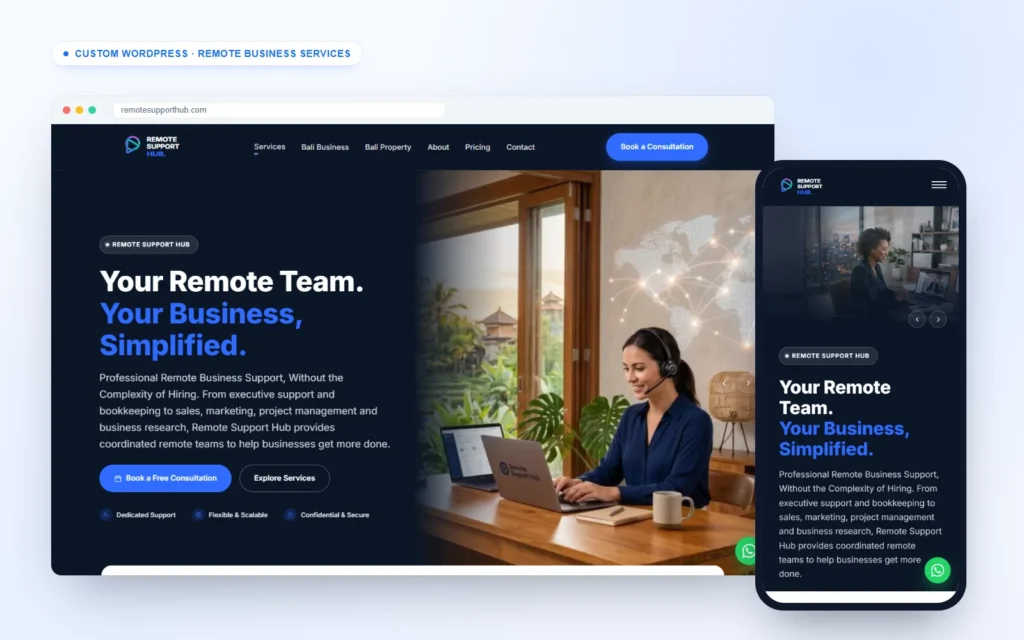 Remote business support website for Remote Support Hub on desktop and mobile