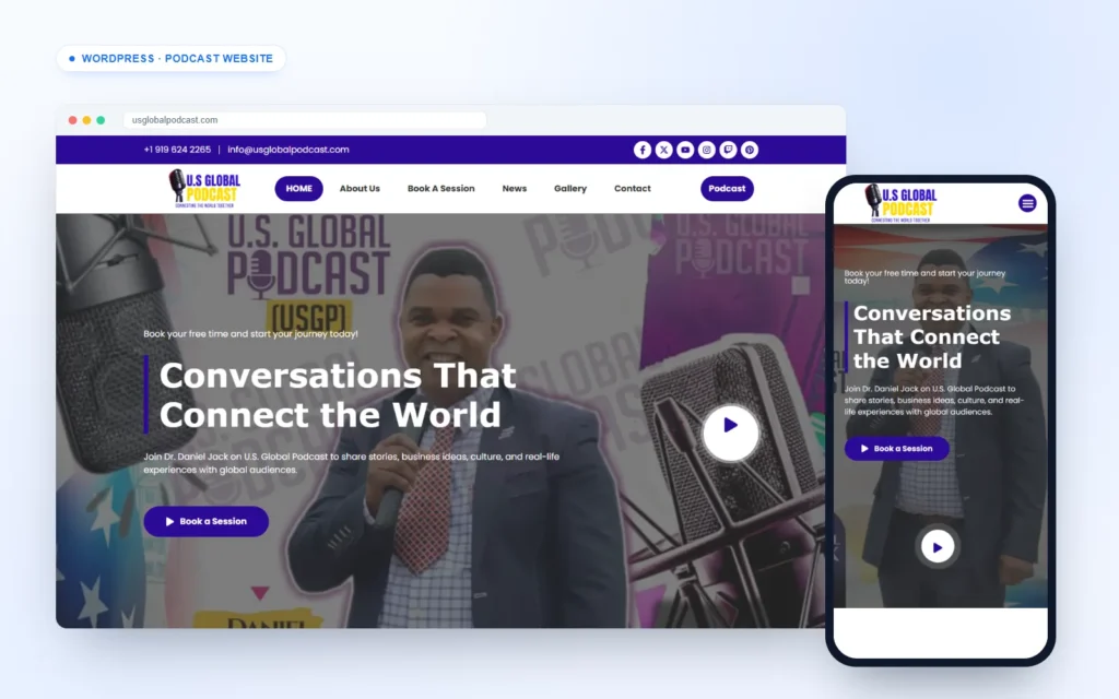 Podcast website for U.S. Global Podcast on desktop and mobile