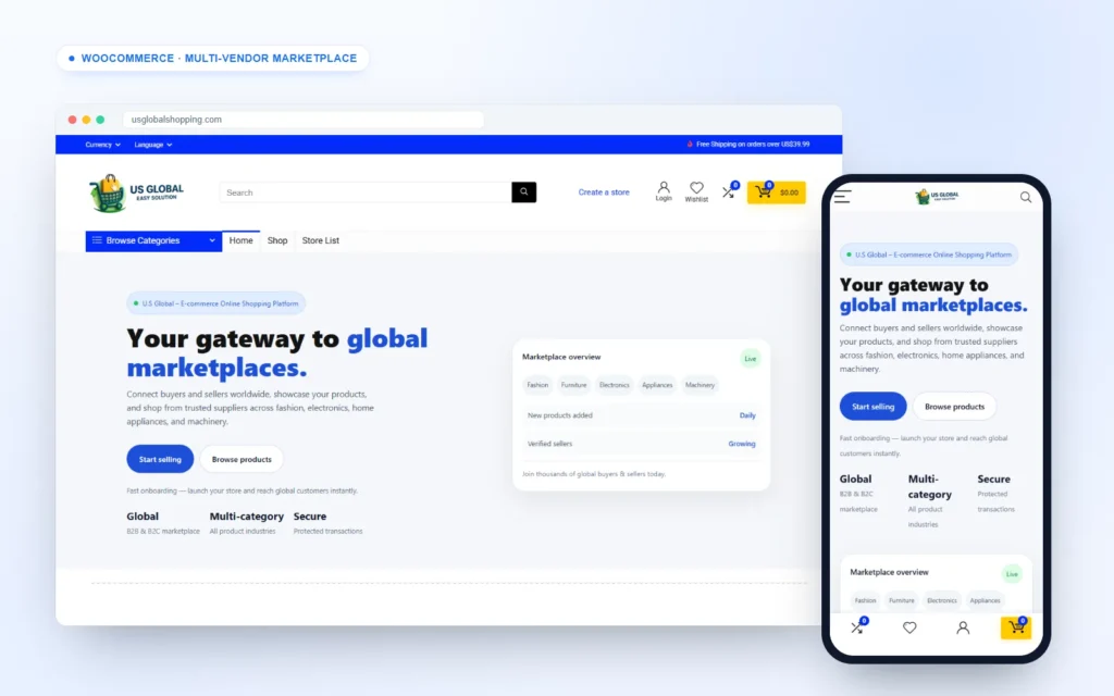 Multi-vendor marketplace website for US Global Shopping on desktop and mobile