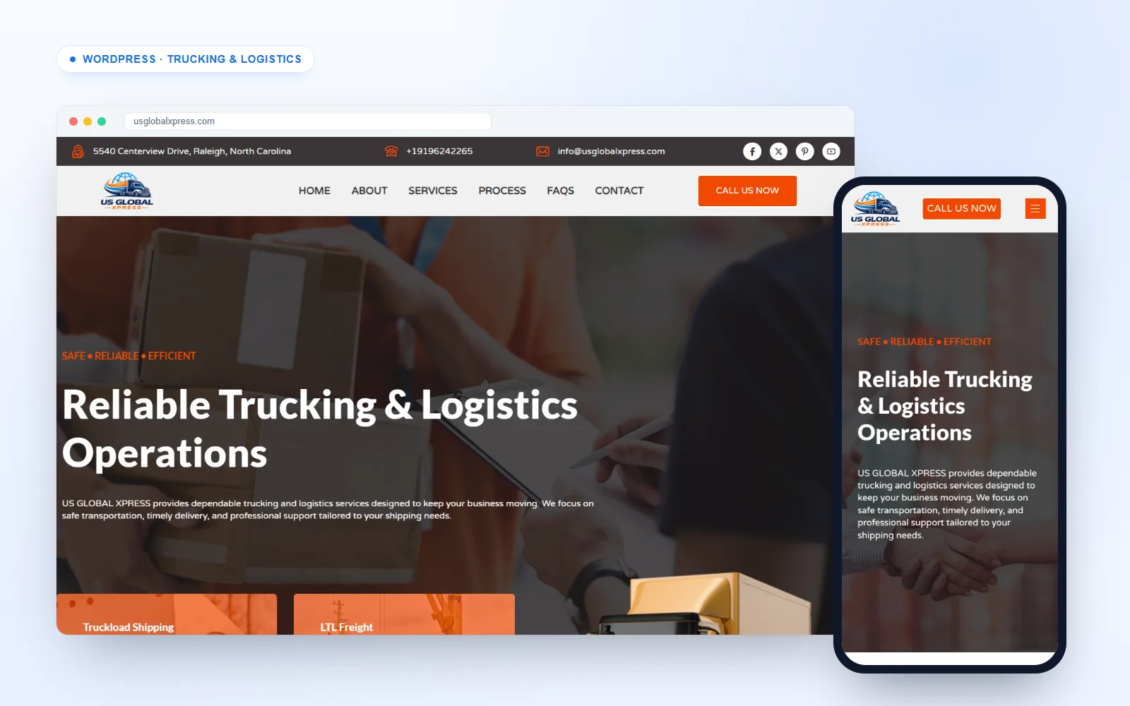 Trucking company website for US Global Xpress on desktop and mobile