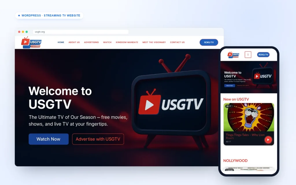 Streaming TV website for USGTV on desktop and mobile