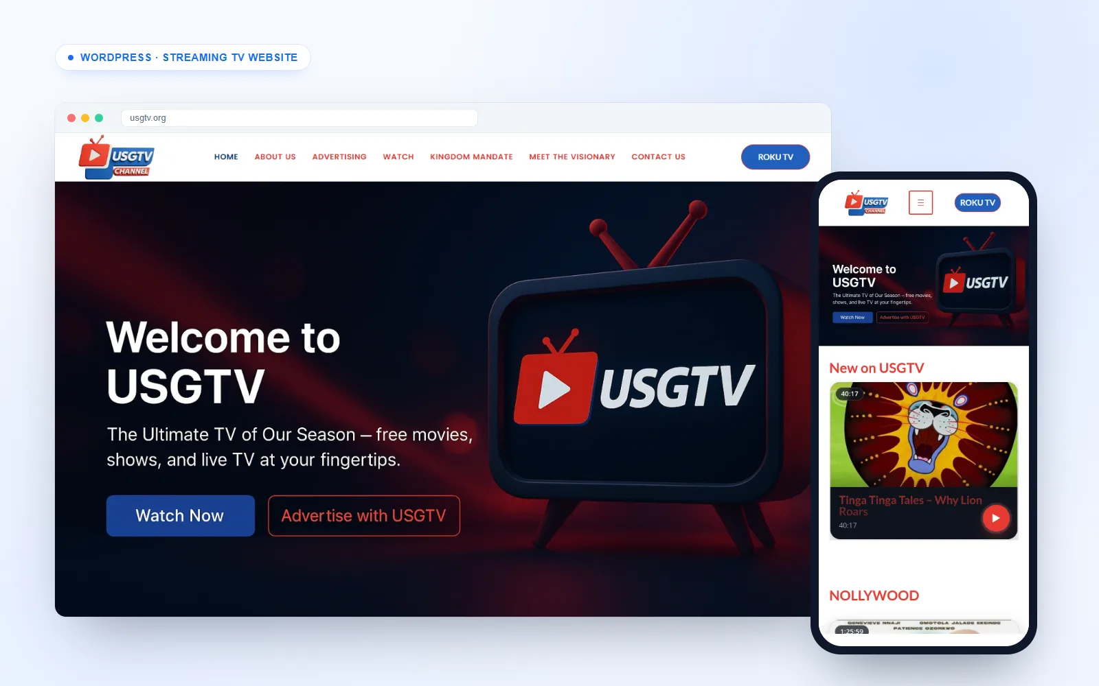 Streaming TV website for USGTV on desktop and mobile
