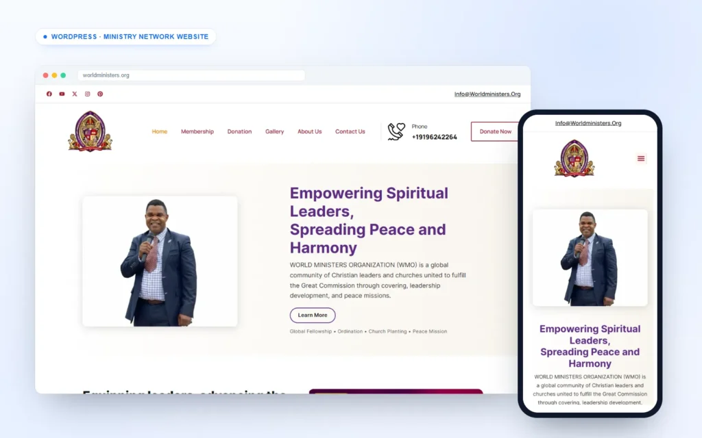 Ministry network website for World Ministers Organization on desktop and mobile
